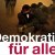 Cover mit Schriftzug "Demokratie für alle?" und drei Männern mit verbundenen Augen, bewacht von zwei Soldaten.