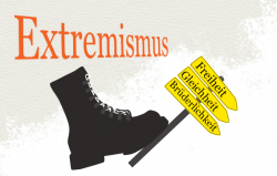 Ein Springerstiefel tritt ein Schild mit Freiheit, Gleichheit, Brüderlichkeit um