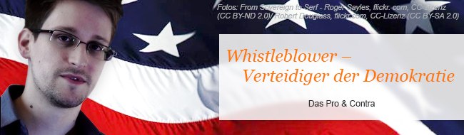 Edward Snowden vor amerikanischer Flagge mit Schriftzug "Whistleblower - Verteidiger der Demokratie"
