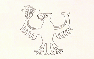 Zeichnung: Max Rademann Zeichnung eines Bundesadlers, der Geldscheine in die Höhe hält