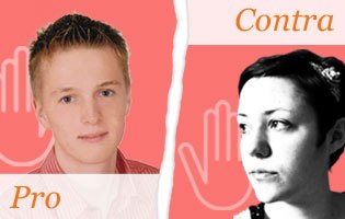 Porträt von Benjamin, darunter Schriftzug "Pro, daneben Porträt von Verena, darüber Schriftzug "Contra"