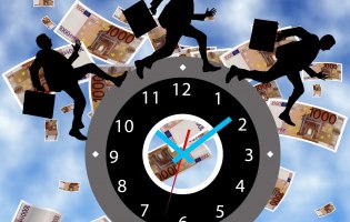 Menschen hetzen um eine Uhr