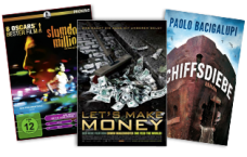 Fächer mit Covern von Filmen "Slumdog Millionär", "Let's make money" und Buch "Schiffsdiebe"