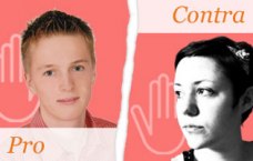 Porträt von Benjamin, darunter Schriftzug "Pro, daneben Porträt von Verena, darüber Schriftzug "Contra"