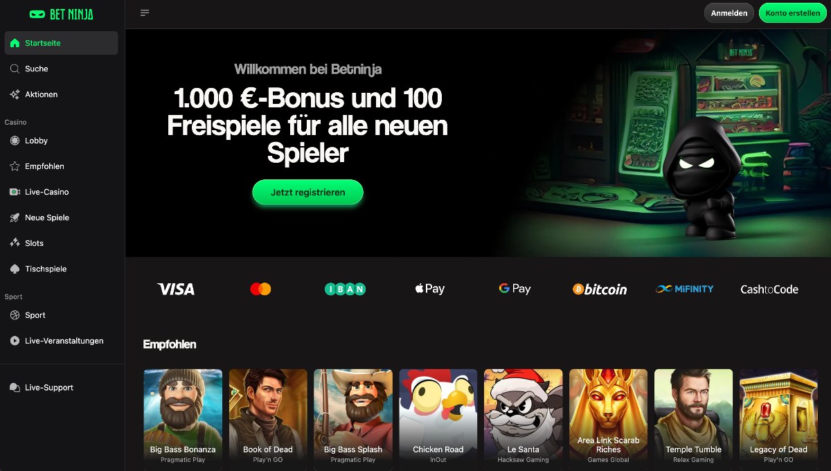 Mit dem höchsten absoluten Bonusbetrag von bis zu 1.000 Euro sowie einer perfekten Kombination aus Live-Casino und Sportwetten ist Betninja eine Top-Adresse für hochwertige Casinos ohne LUGAS.