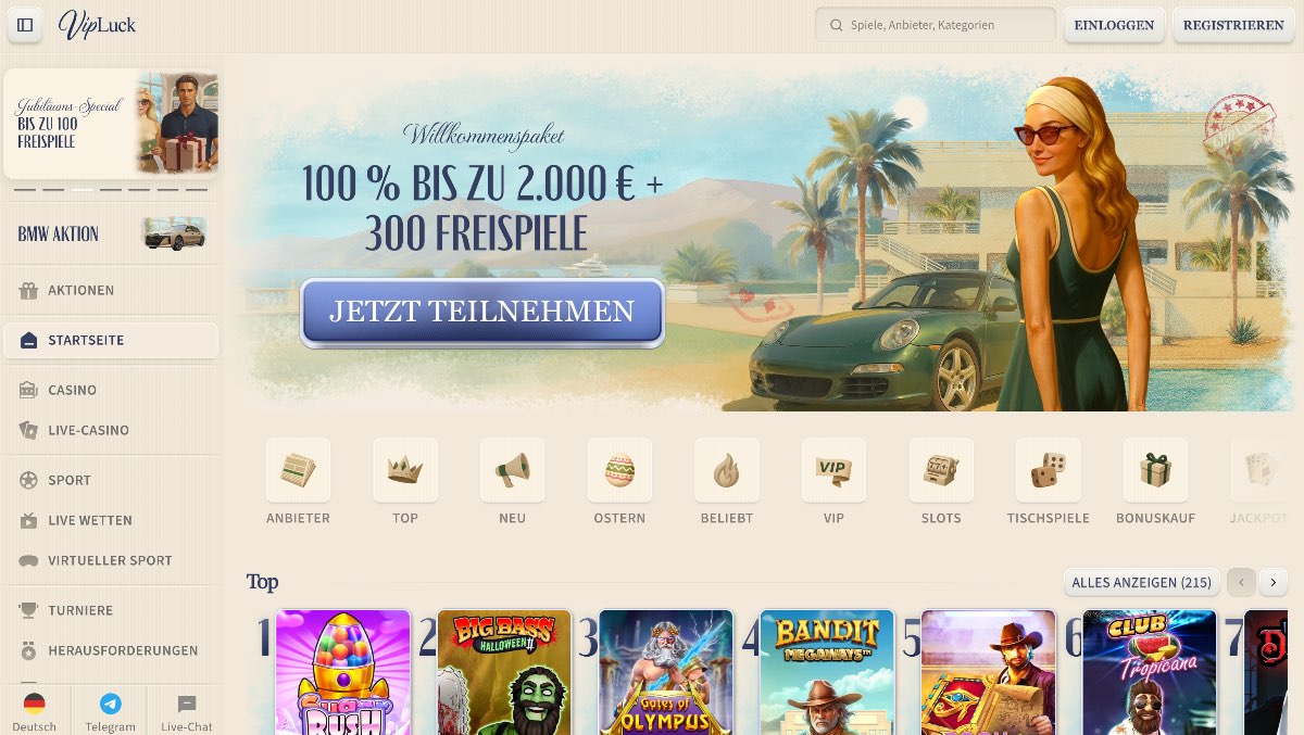 Vipluck punktet in der Kategorie Casinos ohne LUGAS mit der stärksten laufenden Cashback-Struktur von bis zu 25 % speziell für den Live-Casino-Bereich und belohnt loyale Spieler wie kaum ein anderer Anbieter.